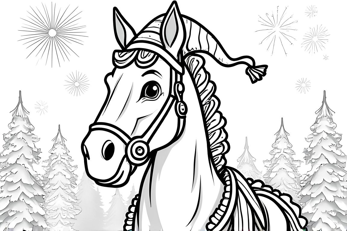 Children's coloring page of a decorated horse in a New Year's parade with celebrating people