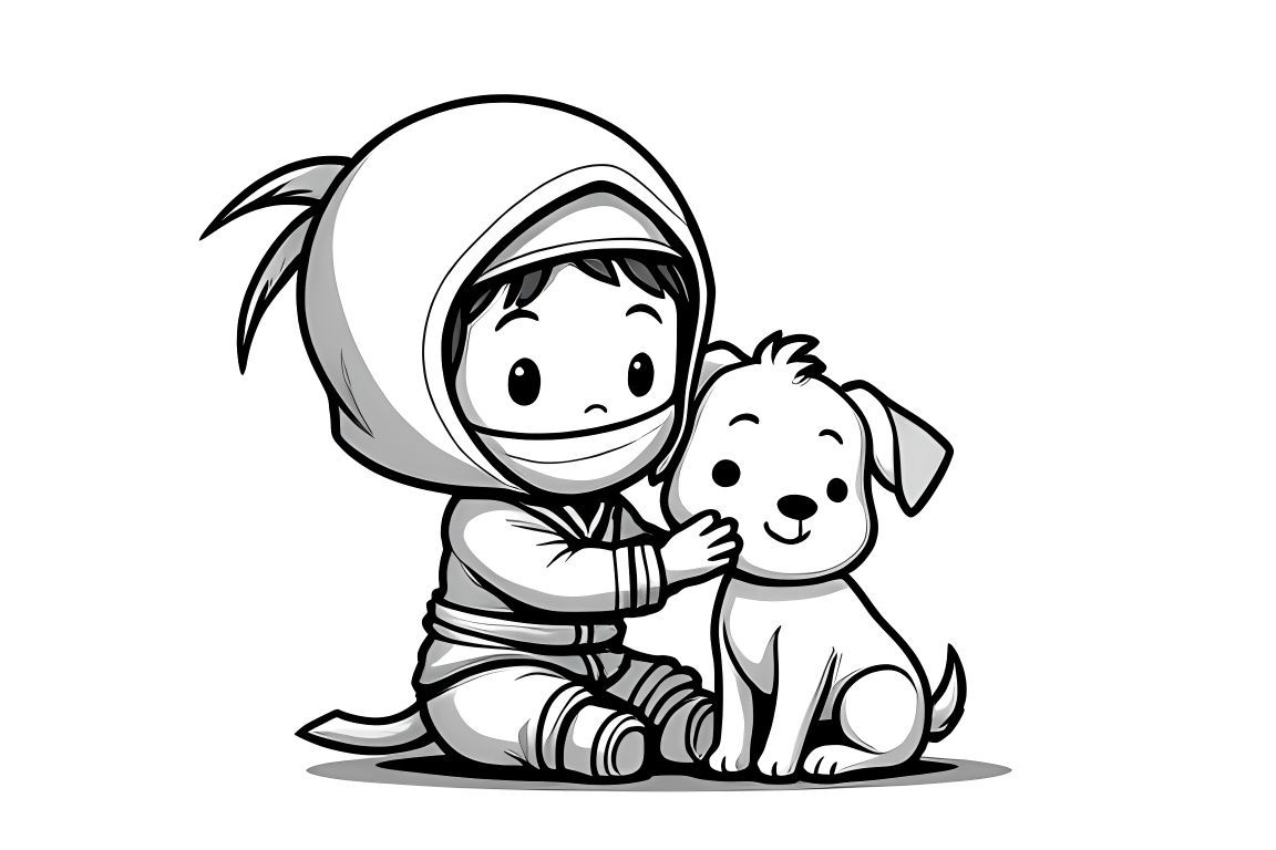 Simple children's coloring book page of a friendly ninja playing with a cute puppy, ideal for toddlers