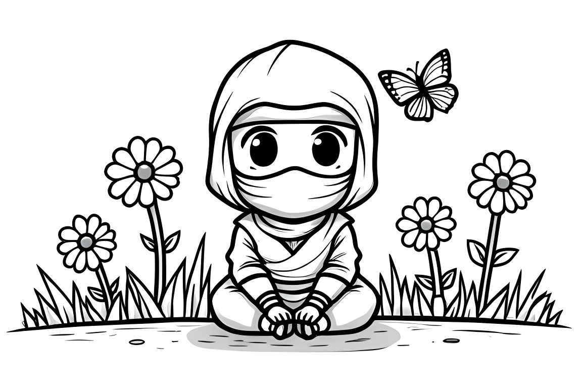 Simple children's coloring book illustration of a happy ninja in a garden with flowers and butterflies, perfect for toddlers