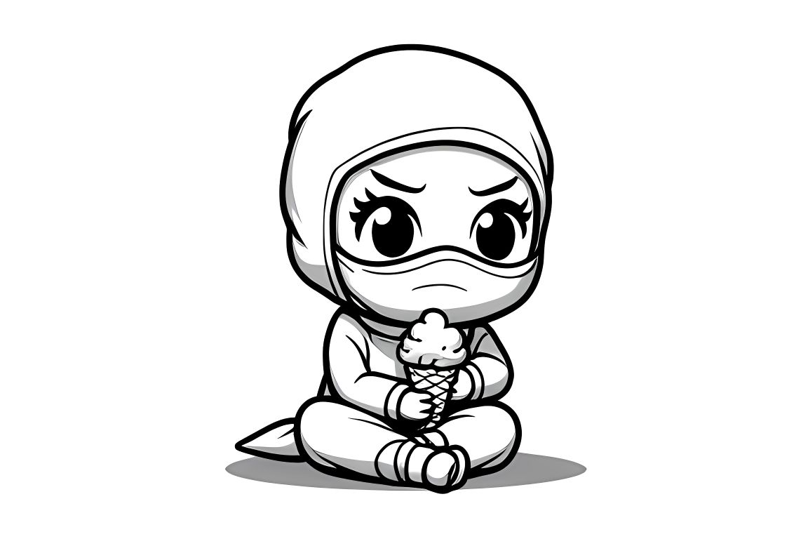 Simple children's coloring book page featuring a happy ninja with a big ice cream cone, ideal for toddlers