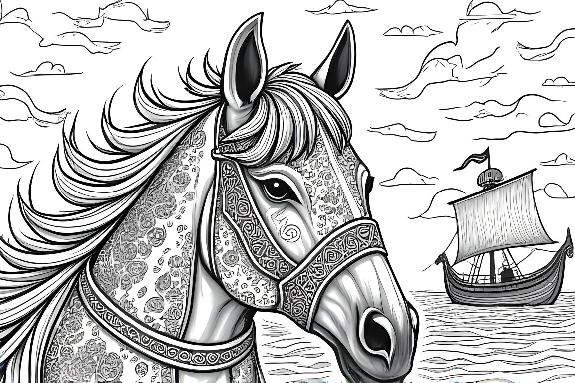 Detailed children's coloring book illustration of a Norse-inspired horse with Viking elements and patterns.