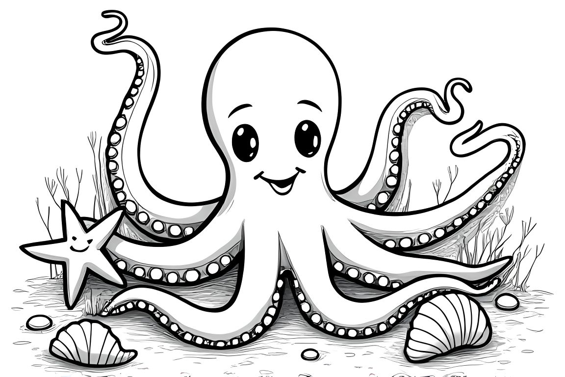 Simple children's coloring page featuring an octopus playing with starfish, perfect for young children