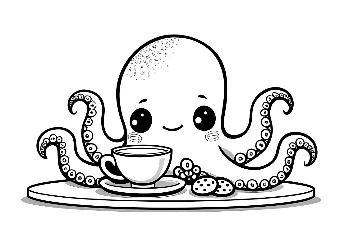 Simple children's coloring book illustration of an octopus having a tea party, ideal for toddlers