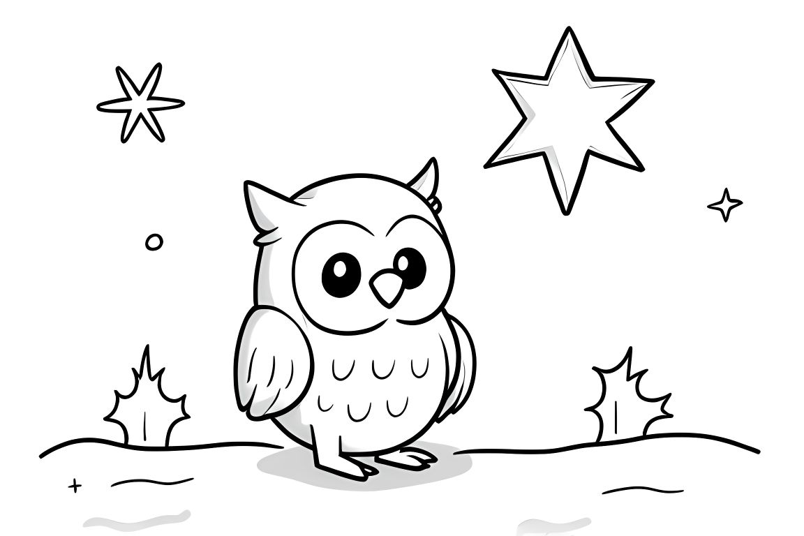 Simple children's coloring book page featuring a cute owl reaching for a Christmas star