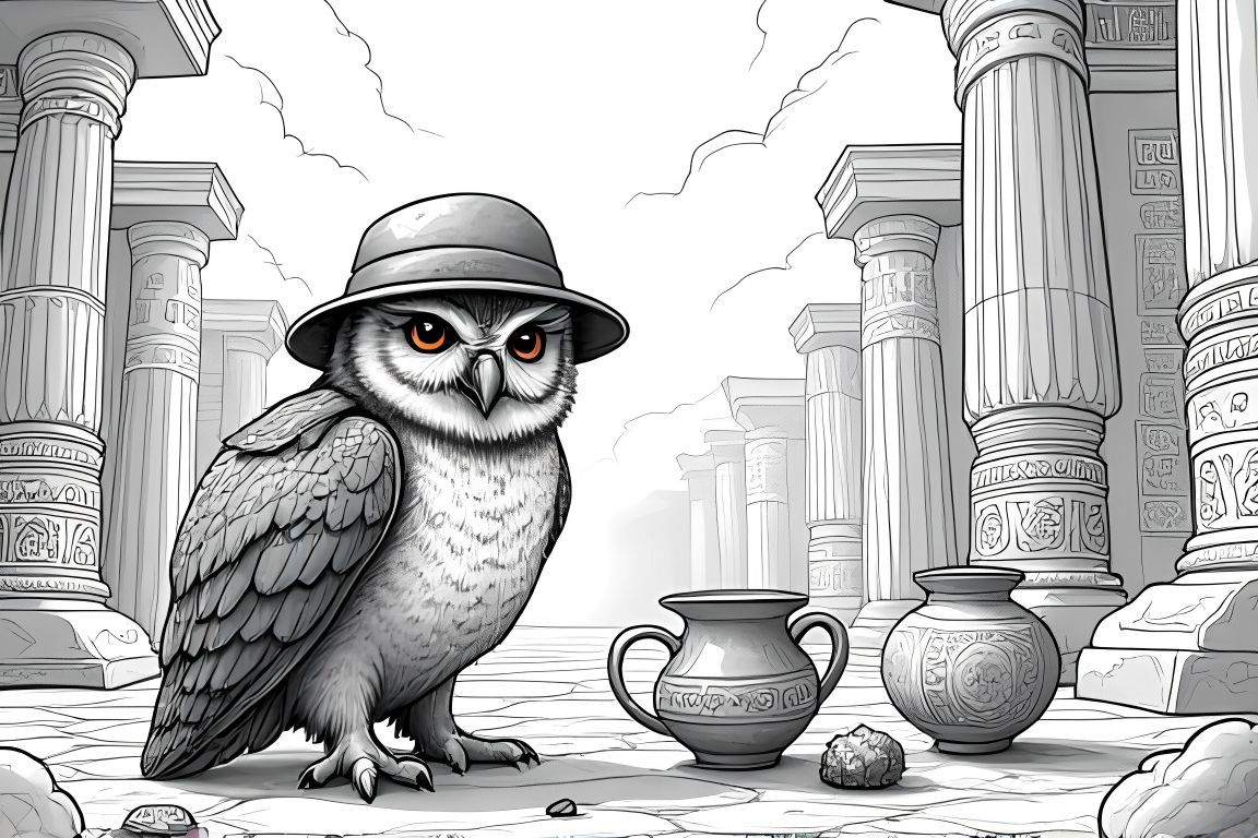 Detailed coloring book illustration of an owl archaeologist exploring intricate ancient ruins
