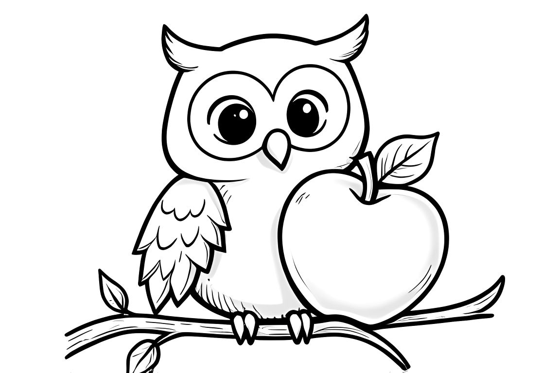 Simple coloring book page of an owl with a big apple for toddlers