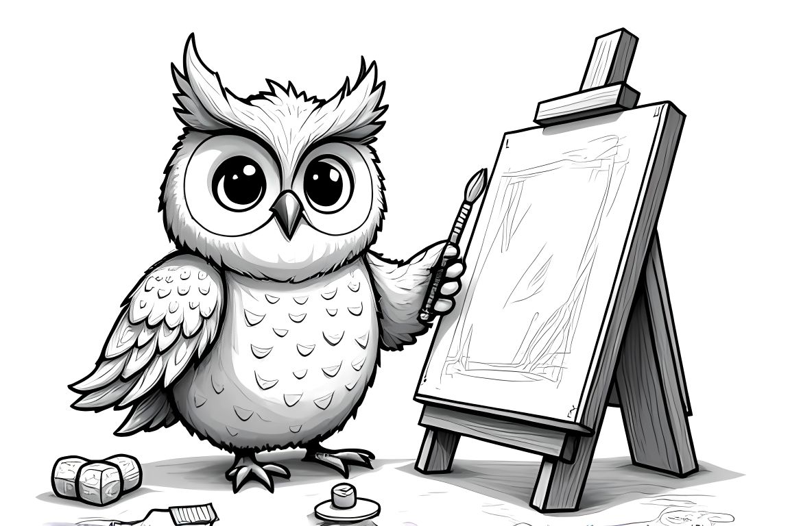 Coloring book illustration of an owl painting at an easel for elementary students