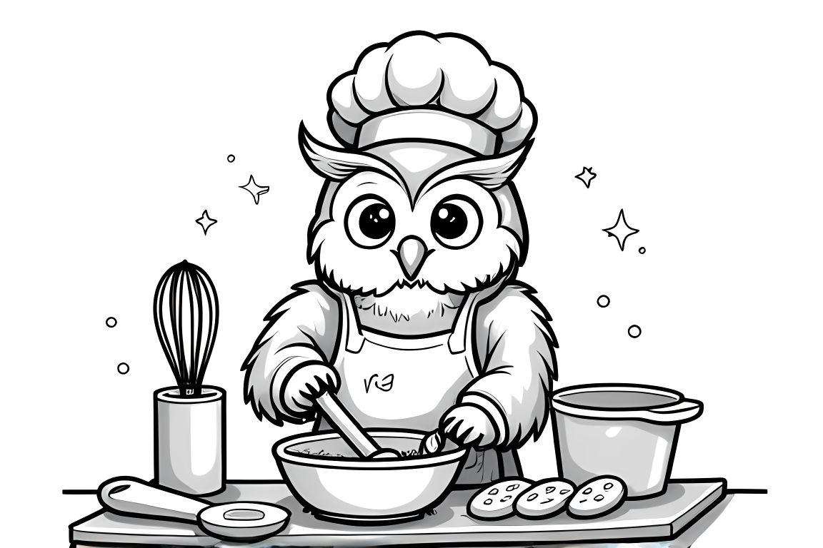 Coloring book page of an owl baking in the kitchen for elementary age children