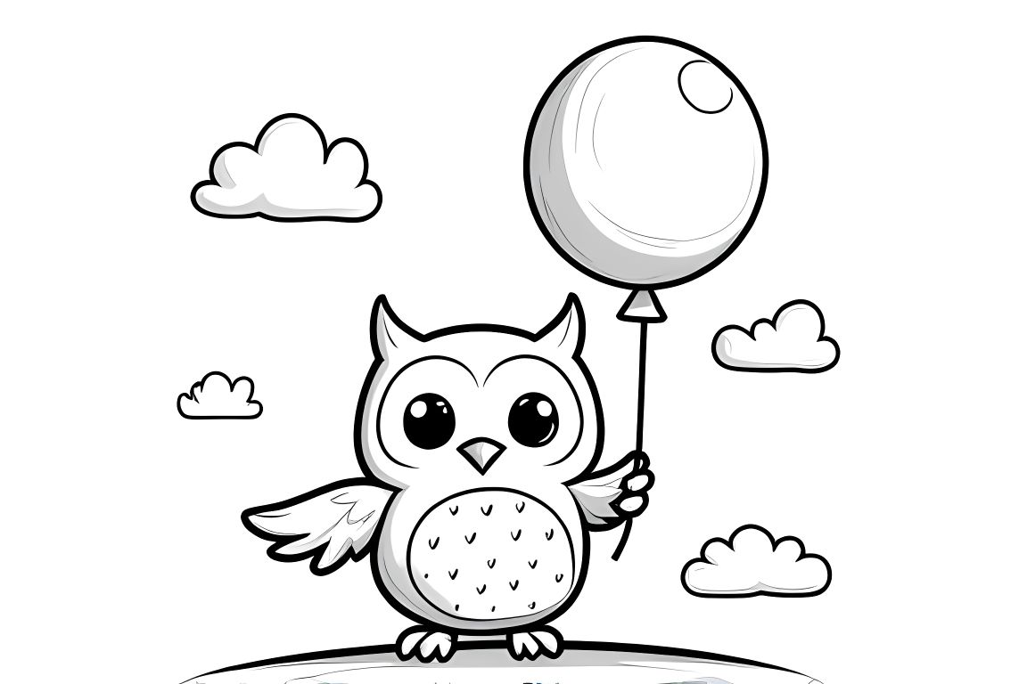 Simple coloring book illustration of an owl holding a big balloon for toddlers