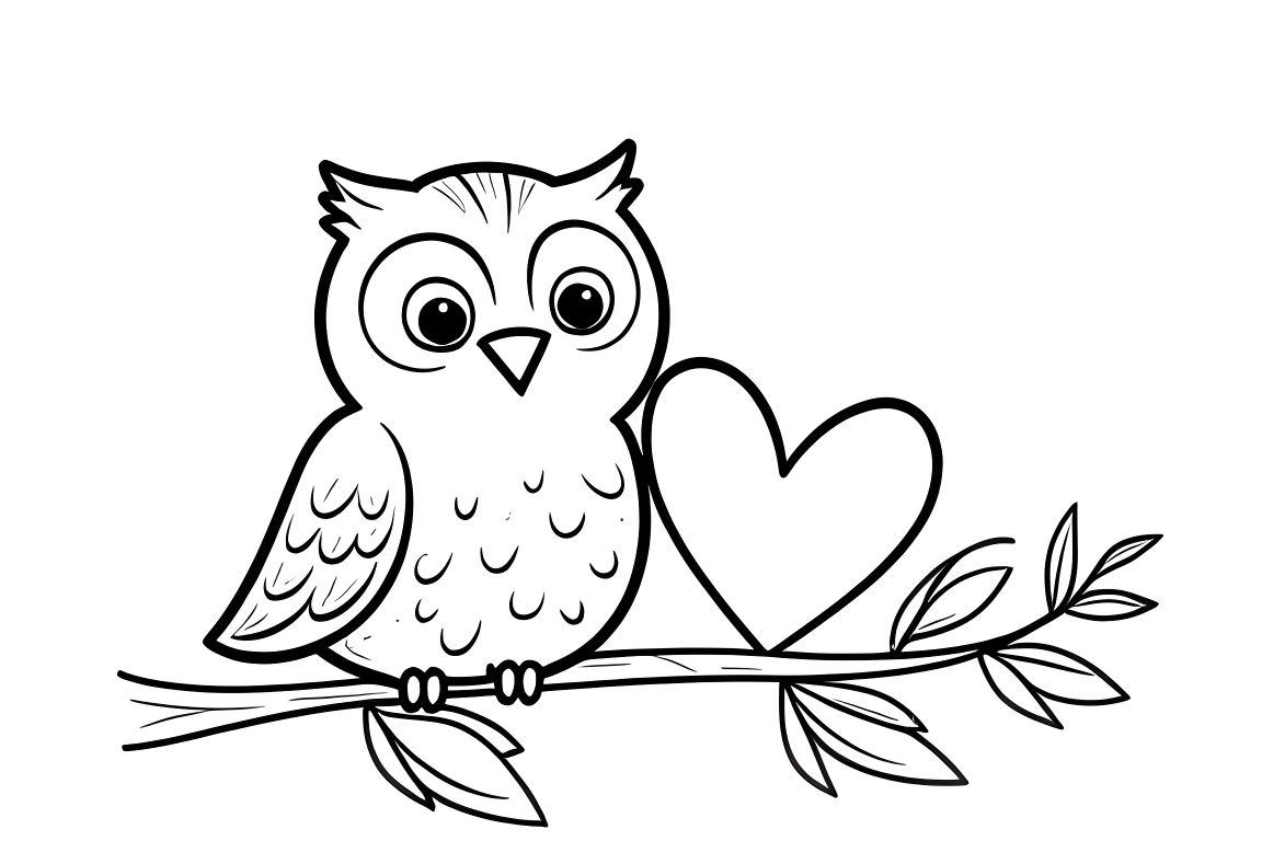 Simple coloring book illustration of an owl with a big heart for toddlers