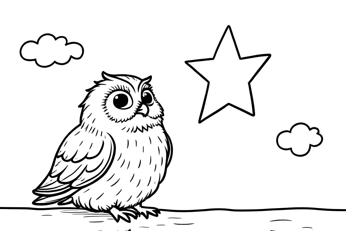 Simple coloring book page of an owl reaching for a big star for toddlers