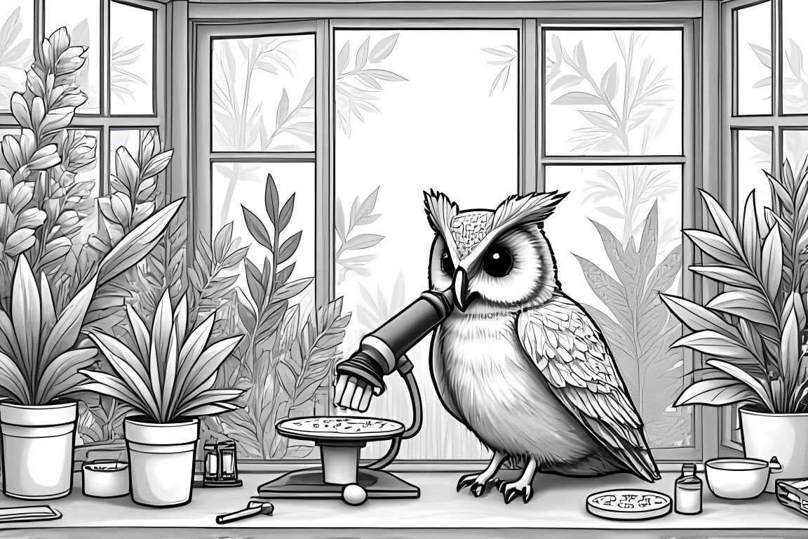 Detailed coloring book illustration of an owl studying plants in an elaborate botanical garden