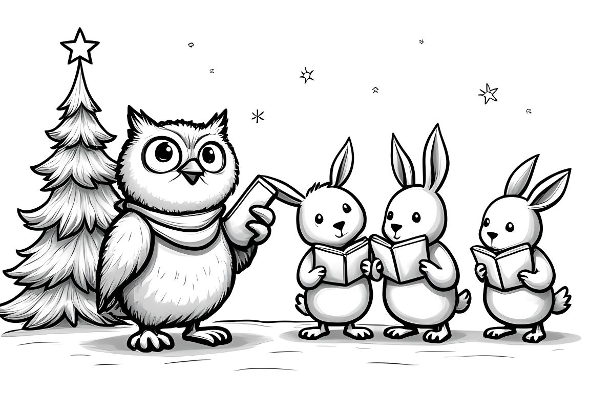 Detailed children's coloring page of an owl conducting a Christmas carol choir of woodland animals