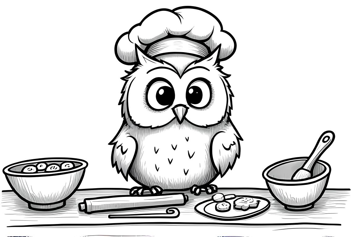 Detailed children's coloring page of an owl baking Christmas cookies in a busy kitchen scene