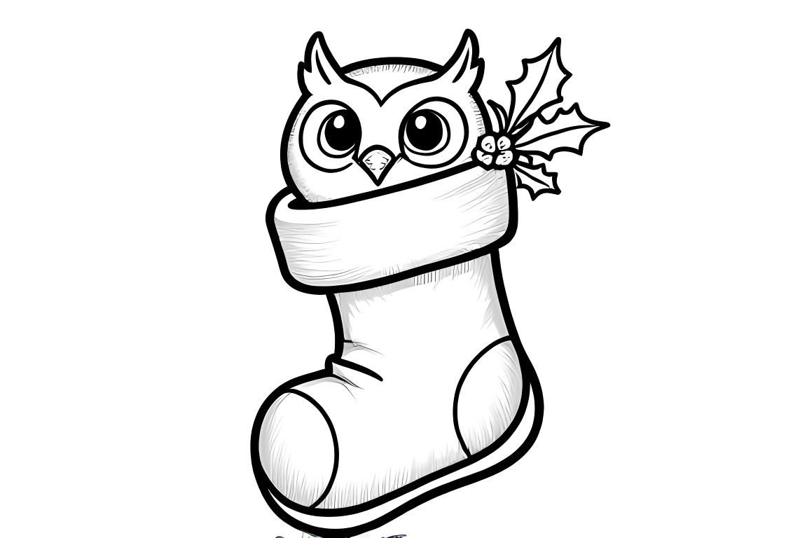 Simple children's coloring page of an owl peeking from a Christmas stocking, ideal for toddlers