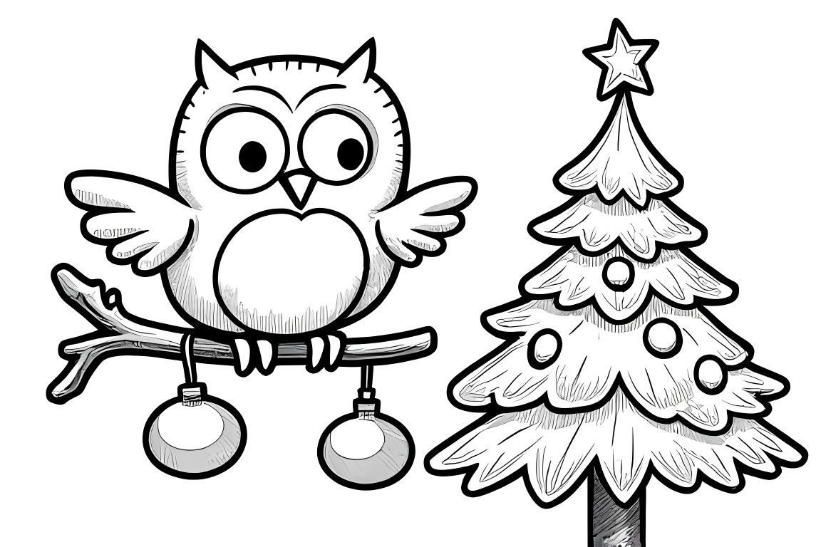 Children's coloring book page showing an owl decorating a Christmas tree with ornaments