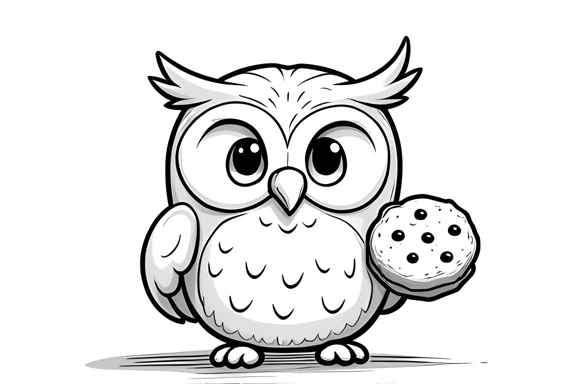 Simple coloring book illustration of an owl with a big cookie for toddlers