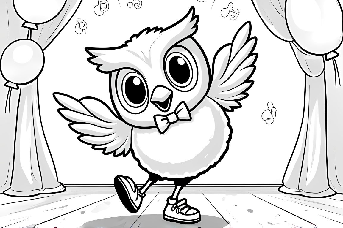 Coloring book illustration of an owl having a dance party for elementary students