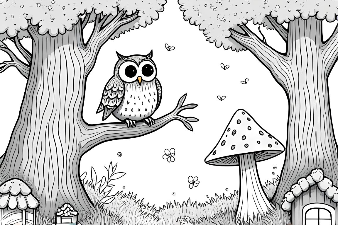 Detailed coloring book illustration of an owl in an intricate enchanted forest setting