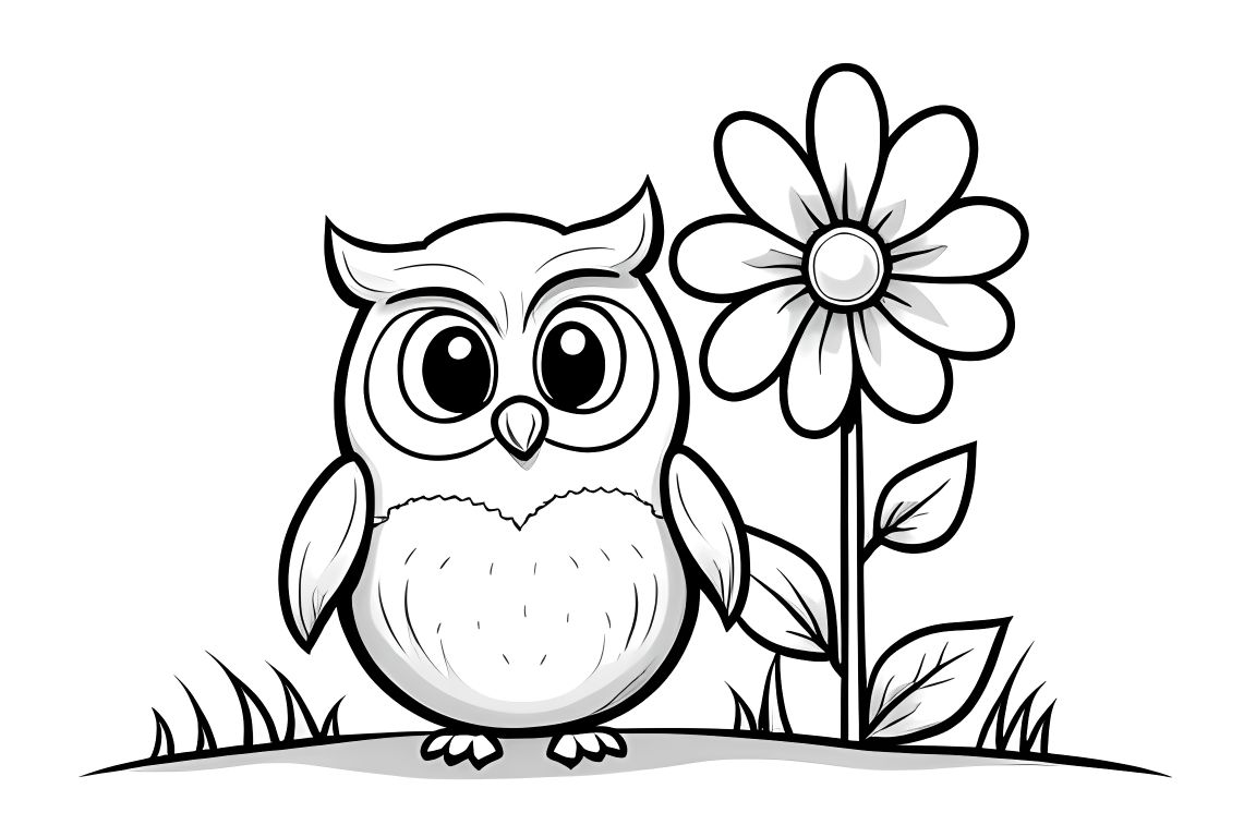 Simple coloring book illustration of an owl next to a big flower for toddlers