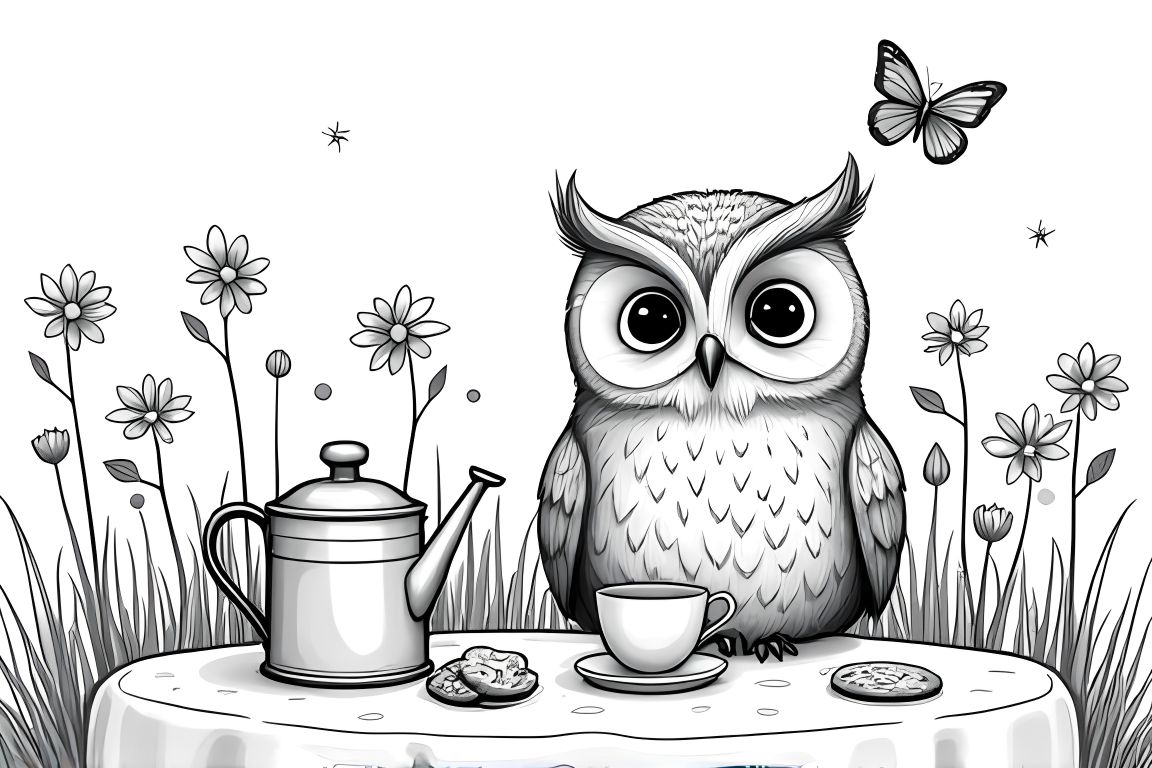 Coloring book page of an owl having a garden tea party for elementary age children