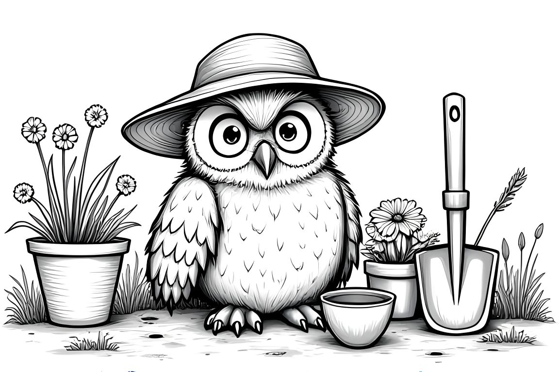 Coloring book page of an owl working in a garden for elementary age children