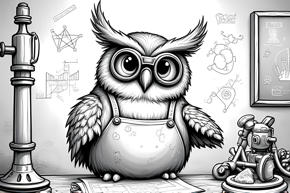 Detailed coloring book illustration of an owl inventor working on complex machines