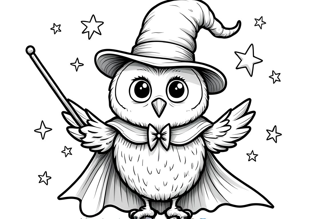 Coloring book illustration of an owl performing magic tricks for elementary students