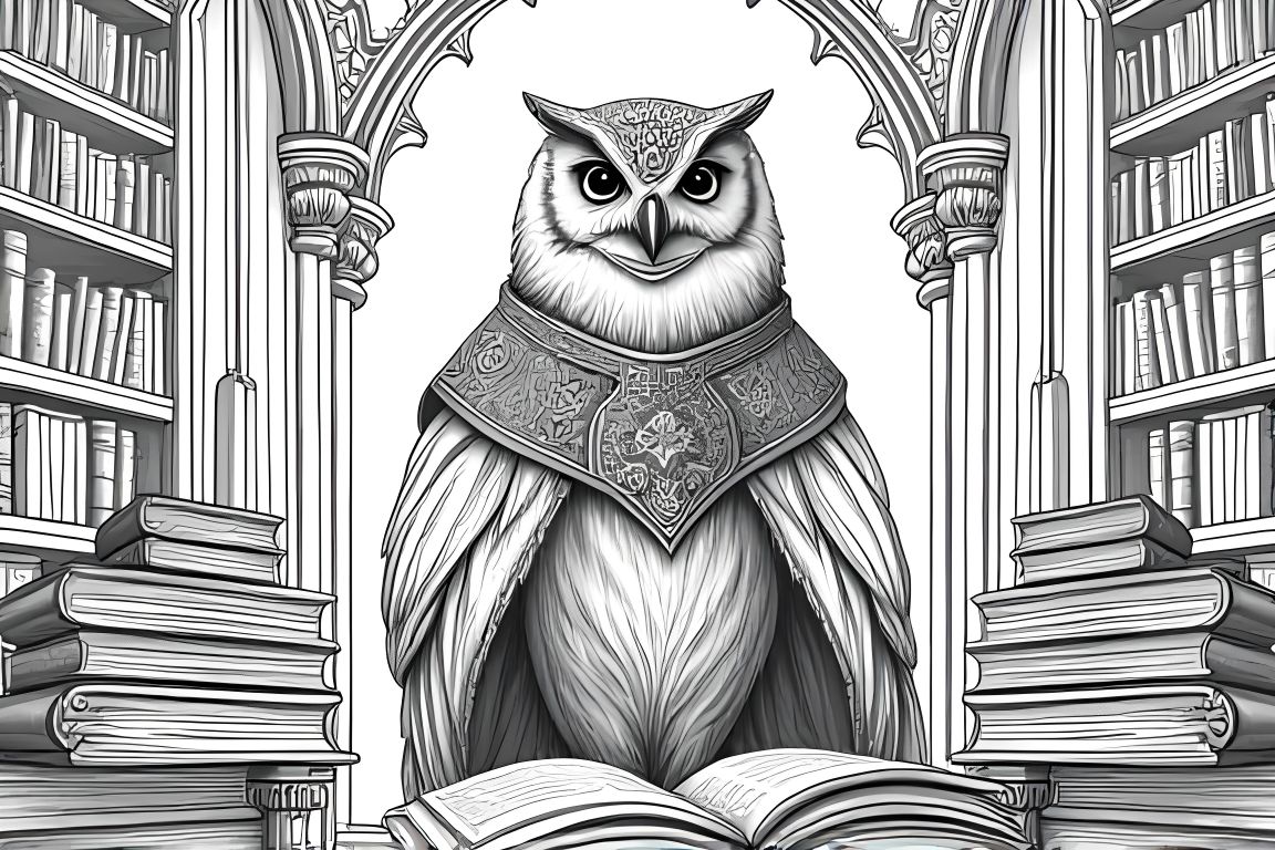 Detailed coloring book illustration of an owl scholar in an elaborate medieval castle library