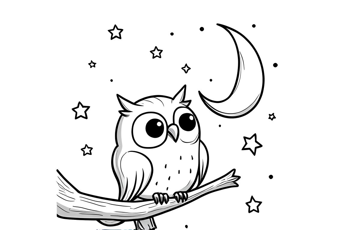 Simple coloring book page of an owl looking at the moon for toddlers