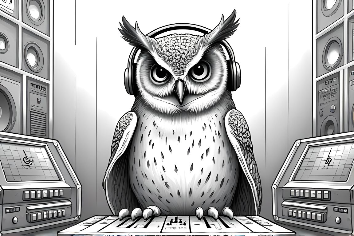 Detailed coloring book illustration of an owl working in a professional music studio
