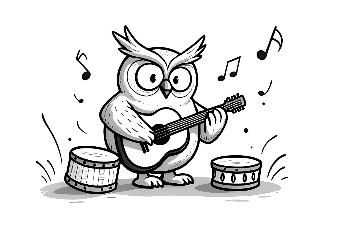 Coloring book illustration of an owl making music with instruments for elementary students