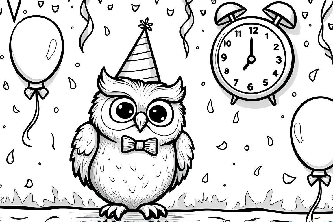 Detailed children's coloring page of an owl hosting a New Year's Eve party with decorations