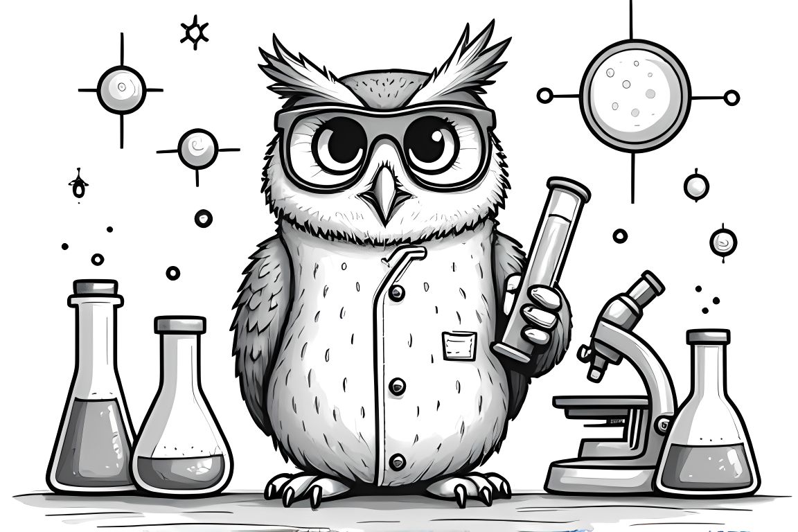Coloring book page of an owl doing science experiments for elementary age children