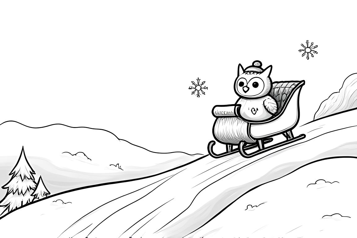 Children's coloring book illustration of an owl riding a sleigh down a snowy hill
