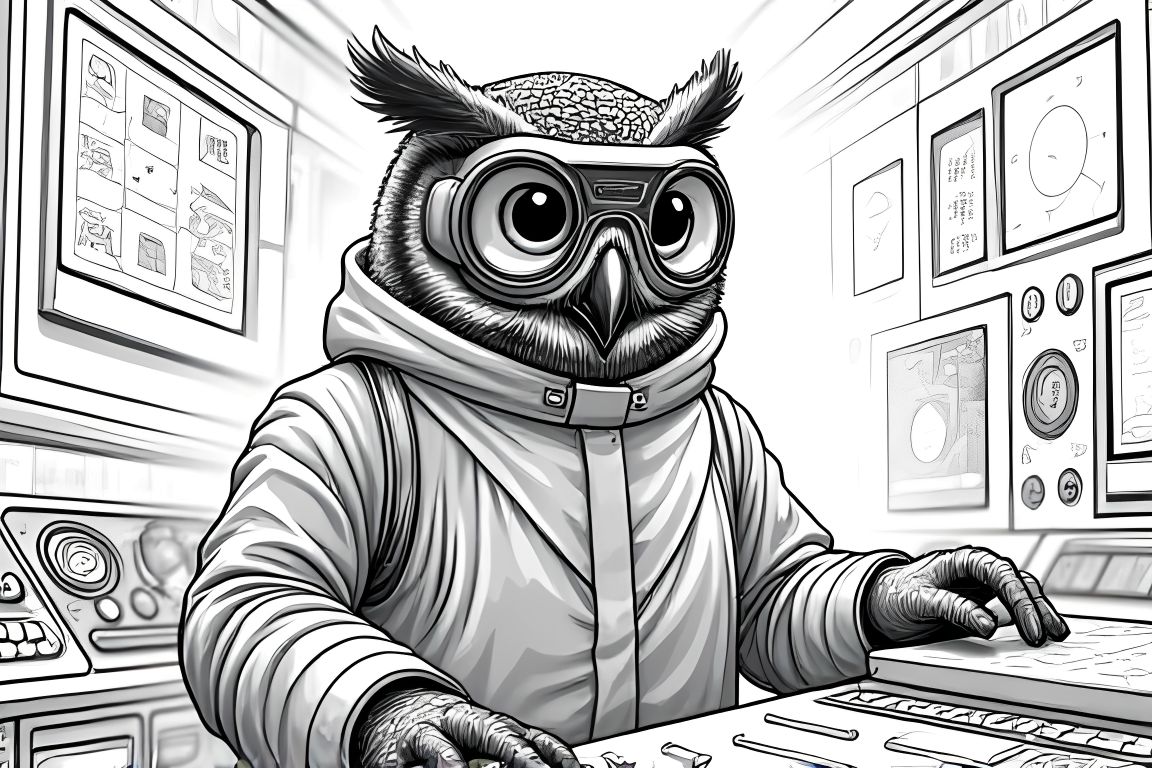Detailed coloring book illustration of an owl scientist working in an advanced space laboratory