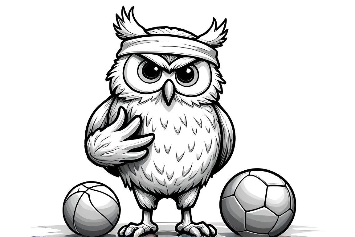 Coloring book page of a sporty owl with various sports equipment for elementary age children