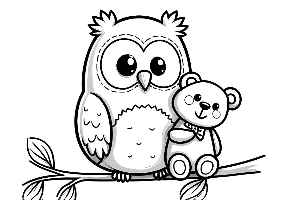 Simple coloring book page of a cute owl hugging a teddy bear for toddlers