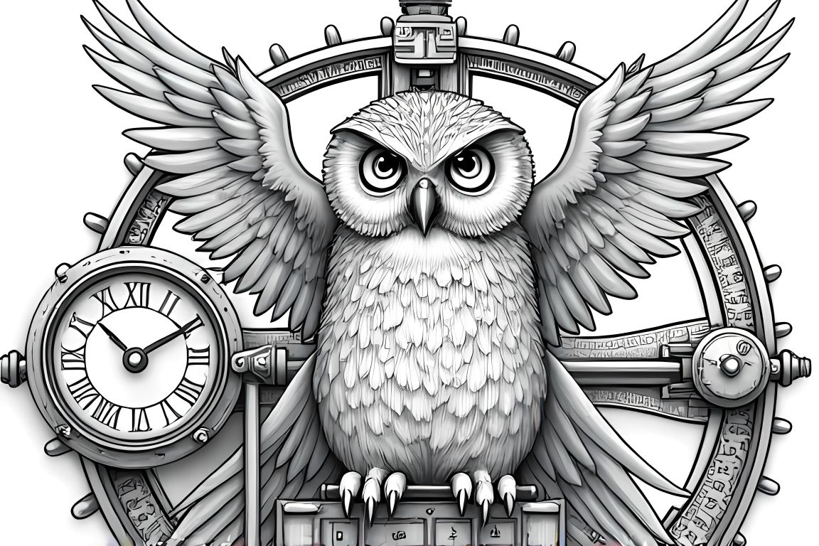 Detailed coloring book illustration of an owl operating an intricate time machine with steampunk elements