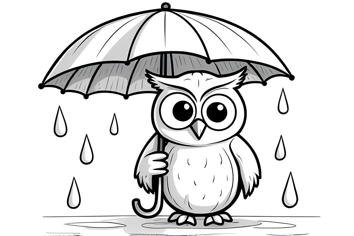 Simple coloring book page of an owl holding an umbrella for toddlers