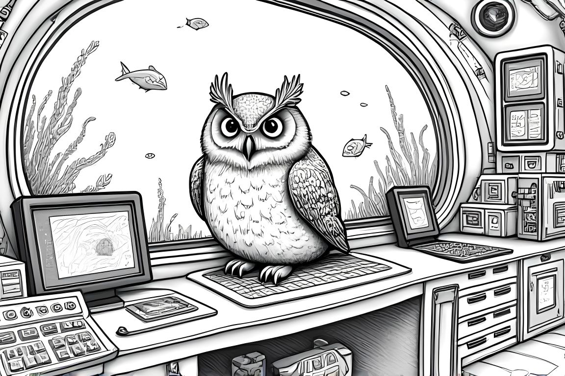 Detailed coloring book illustration of an owl conducting underwater research in an advanced submarine