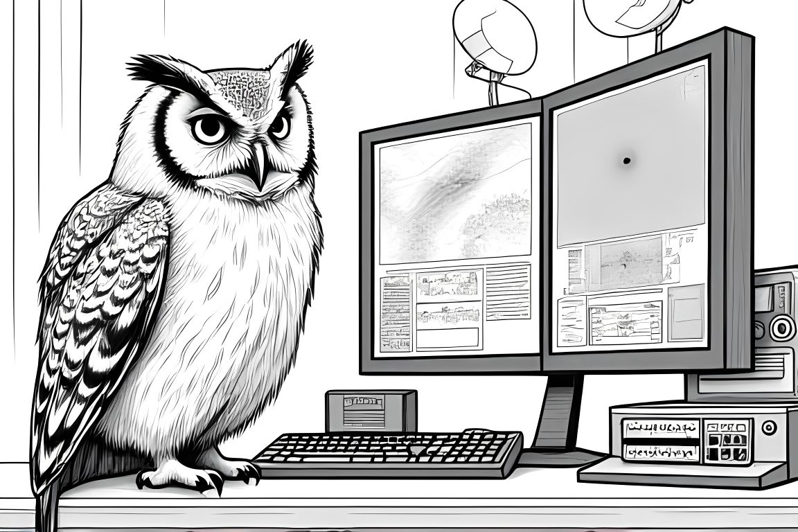 Detailed coloring book illustration of an owl operating an advanced weather monitoring station