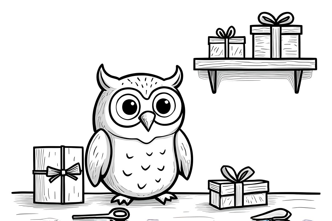 Children's coloring page of an owl wrapping Christmas presents in a workshop setting