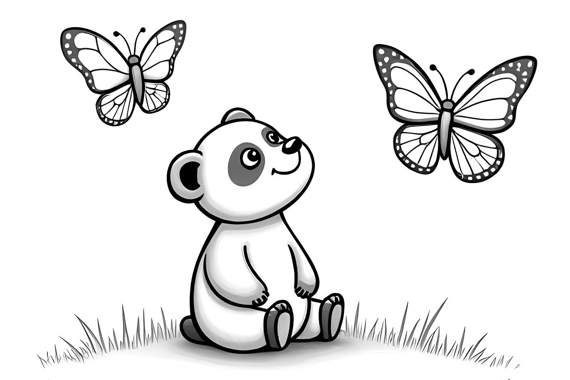 Simple children's coloring page featuring a sweet panda watching butterflies, designed for toddlers