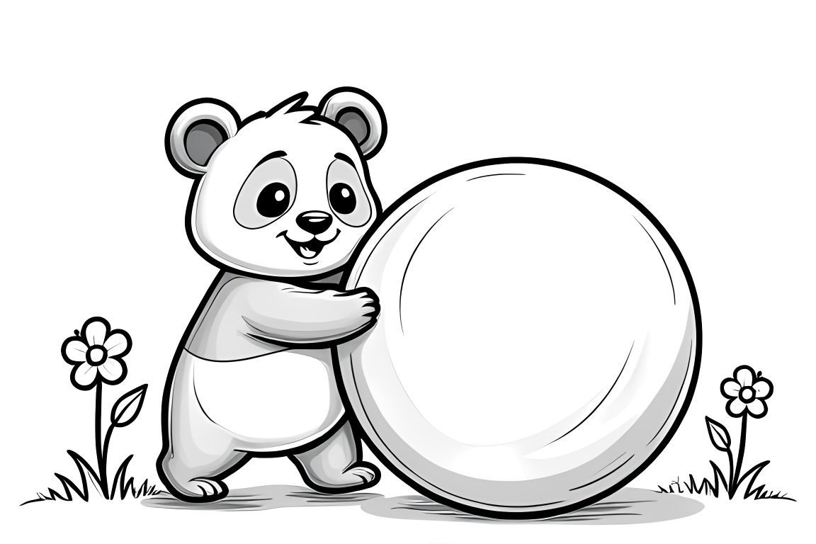 Simple children's coloring page of a happy panda playing with a big ball, ideal for toddlers