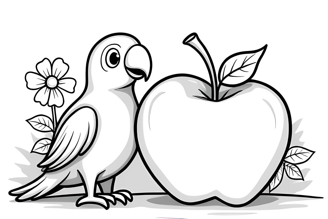 Simple children's coloring book page featuring a parrot with a big apple, perfect for toddlers