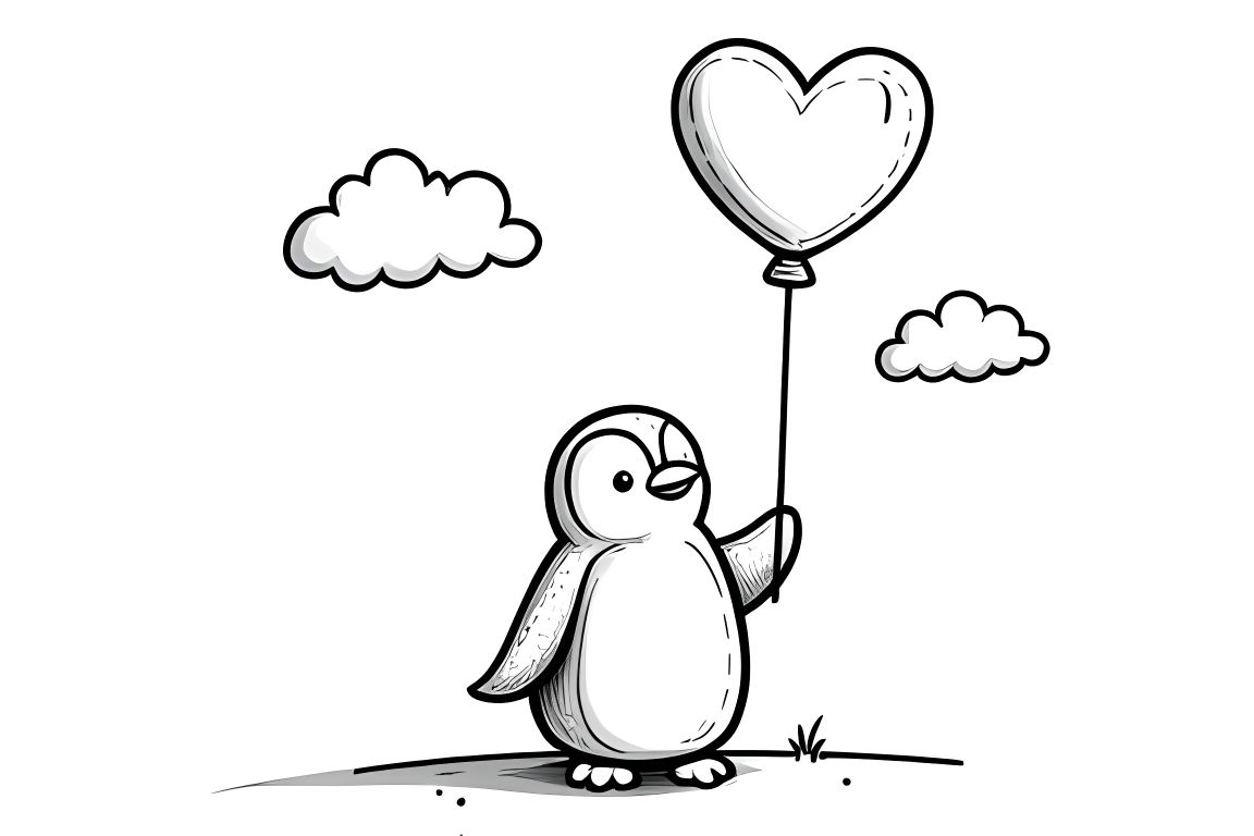 Simple children's coloring sheet of a cute penguin holding a heart balloon, perfect for toddlers