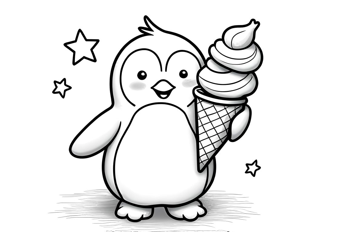 Simple children's coloring page of a cute penguin with an ice cream cone, perfect for toddlers