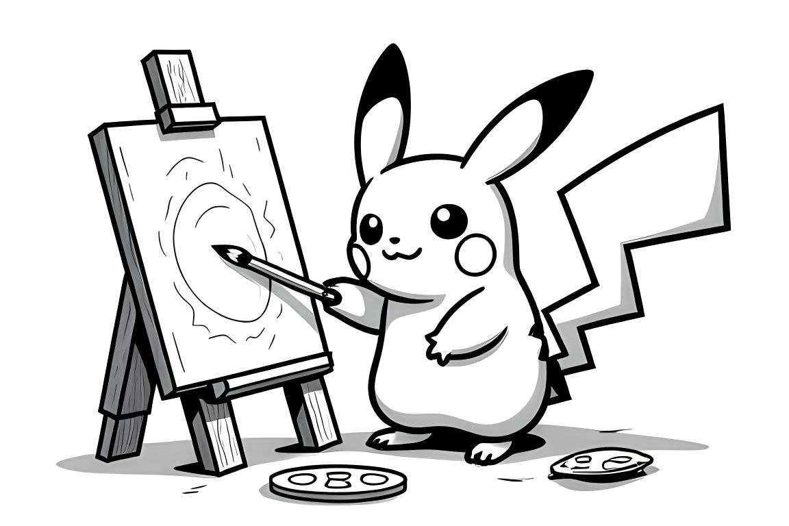Children's coloring page of Pikachu painting at an easel