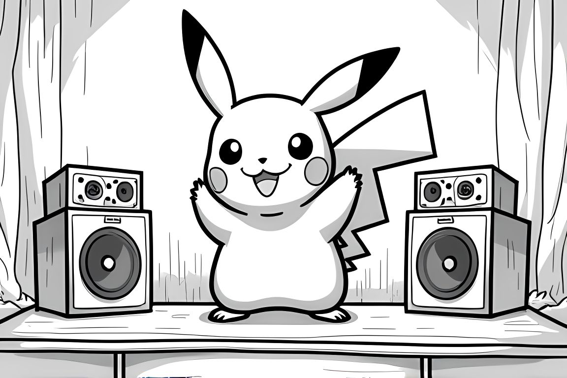 Detailed coloring page of Pikachu performing on stage